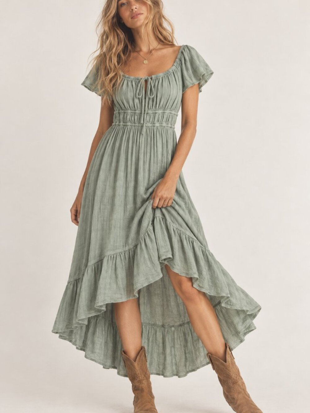 Rewind Sage Green Boho Cottagecore Hi Low Ruffle Midi Dress Size S